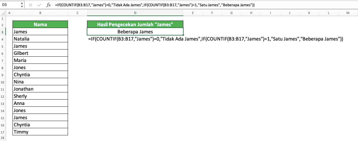 Fungsi dan Cara Menggunakan IF COUNTIF di Excel - Screenshot Contoh Implementasi IF COUNTIF untuk Mendapatkan Suatu Hasil Berdasarkan Banyaknya Suatu Data di Excel