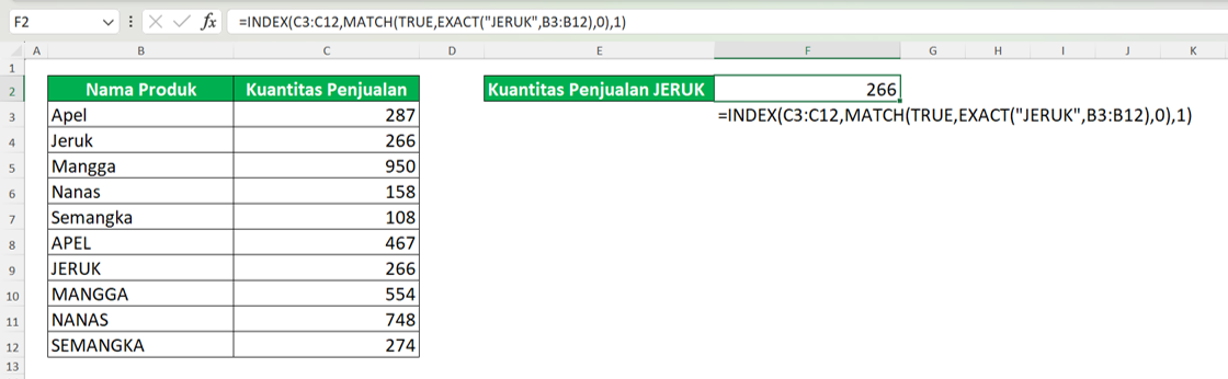 Cara Menggunakan INDEX MATCH di Excel: Fungsi, Contoh, dan Langkah Penulisan - Screenshot Contoh Implementasi Rumus INDEX MATCH yang Bisa Membedakan Huruf Besar dan Kecil