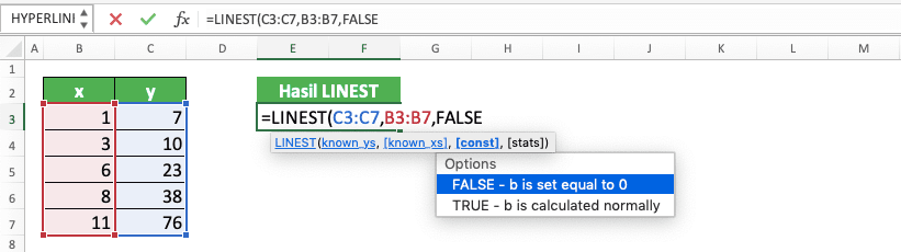 Cara Menggunakan Rumus LINEST di Excel: Fungsi, Contoh, dan Langkah Penulisan - Screenshot Langkah 4