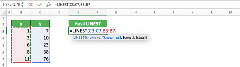 Cara Menggunakan Rumus LINEST di Excel: Fungsi, Contoh, dan Langkah Penulisan - Screenshot Langkah 5