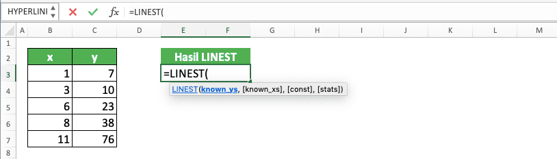 Cara Menggunakan Rumus LINEST di Excel: Fungsi, Contoh, dan Langkah Penulisan - Screenshot Langkah 7