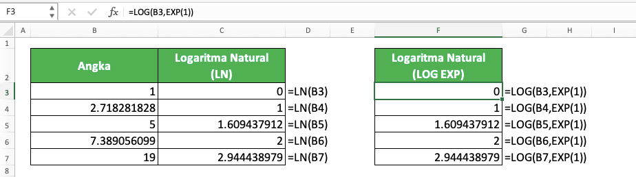 Cara Menggunakan Rumus LN di Excel: Fungsi, Contoh, dan Langkah Penulisan - Screenshot Contoh Implementasi LOG EXP dan Perbandingannya dengan LN