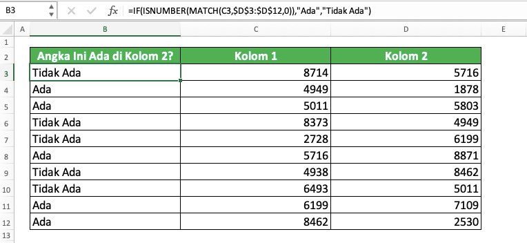 Cara Menggunakan Rumus/Fungsi MATCH Pada Excel: Kegunaan, Contoh, dan Langkah Penulisan - Screenshot Contoh Penggunaan IF ISNUMBER MATCH di Excel