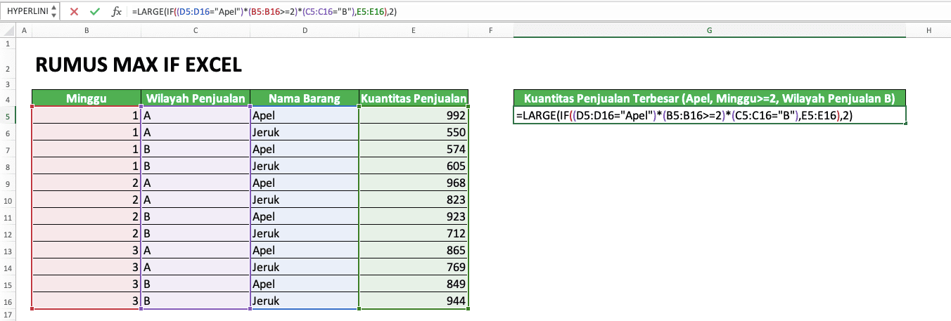 Cara Menggunakan Rumus MAX IF Excel: Kegunaan, Contoh, dan Penulisan - Screenshot Contoh Penulisan LARGE IF