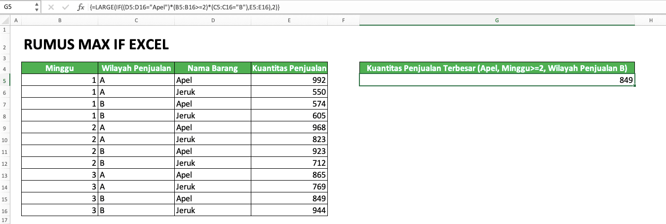 Cara Menggunakan Rumus MAX IF Excel: Kegunaan, Contoh, dan Penulisan - Screenshot Contoh Hasil LARGE IF