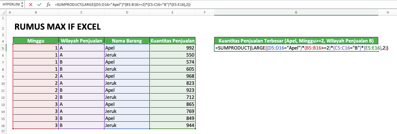 Cara Menggunakan Rumus MAX IF Excel: Kegunaan, Contoh, dan Penulisan - Screenshot Contoh Penulisan SUMPRODUCT LARGE