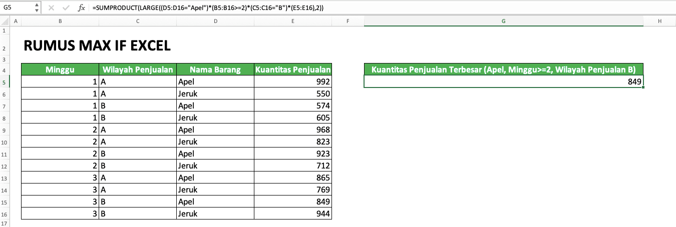 Cara Menggunakan Rumus MAX IF Excel: Kegunaan, Contoh, dan Penulisan - Screenshot Contoh Hasil SUMPRODUCT LARGE