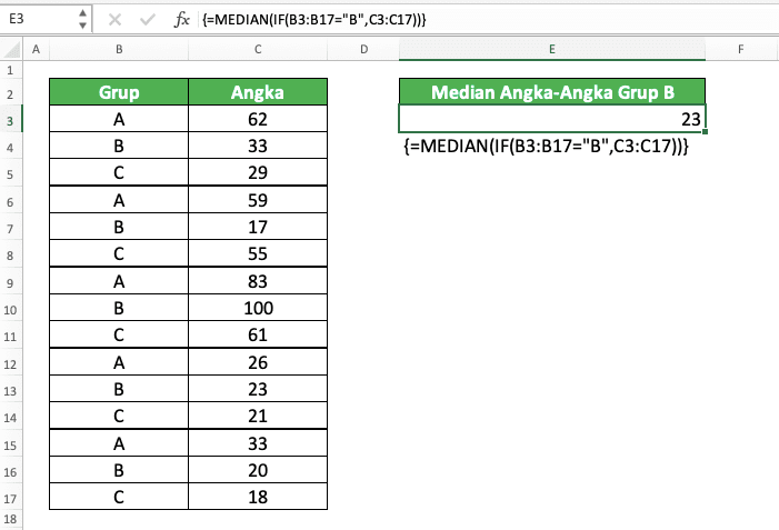 Cara Menggunakan Rumus MEDIAN Excel: Fungsi, Contoh, dan Langkah Penulisan - Screenshot Contoh Implementasi MEDIAN IF