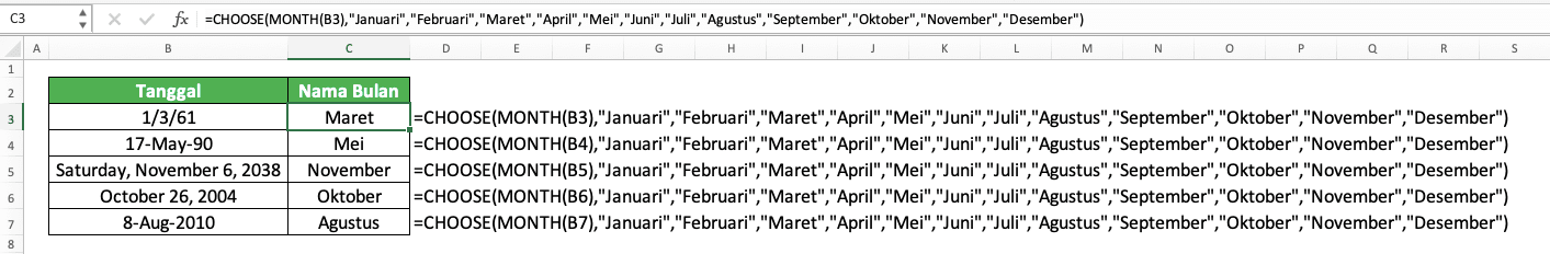 Cara Menggunakan Rumus MONTH Excel: Fungsi, Contoh, dan Langkah Penulisan - Screenshot Contoh Implementasi CHOOSE MONTH untuk Mendapatkan Nama Bulan dari Suatu Tanggal
