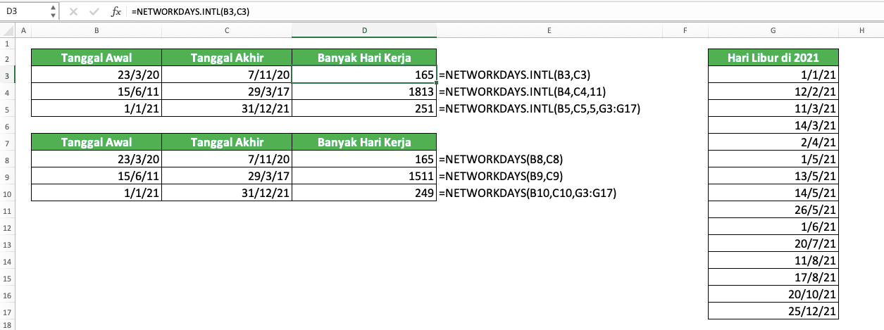 Cara Menggunakan Rumus NETWORKDAYS Excel: Fungsi, Contoh, dan Langkah Penulisan - Screenshot Contoh Implementasi NETWORKDAYS.INTL dan Perbandingan Hasilnya Dengan NETWORKDAYS