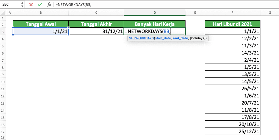 Cara Menggunakan Rumus NETWORKDAYS Excel: Fungsi, Contoh, dan Langkah Penulisan - Screenshot Langkah 3