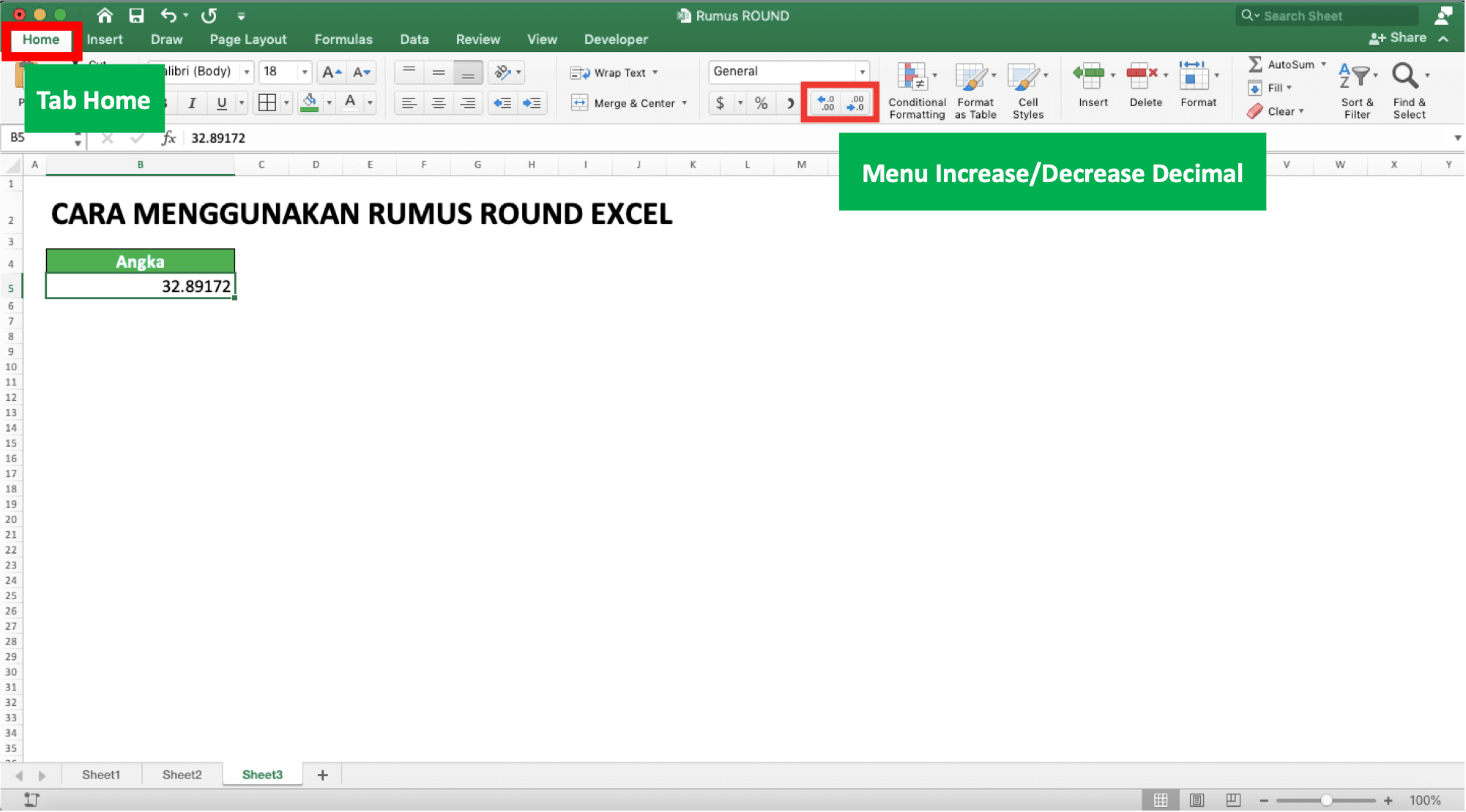 Cara Menggunakan Rumus ROUND Excel: Fungsi, Contoh, dan Penulisan - Screenshot Letak Menu Increase/Decrease Decimal