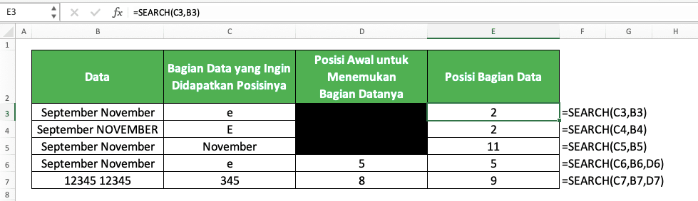 Cara Menggunakan Rumus SEARCH di Excel: Fungsi, Contoh, dan Langkah Penulisan - Screenshot Contoh Implementasi SEARCH