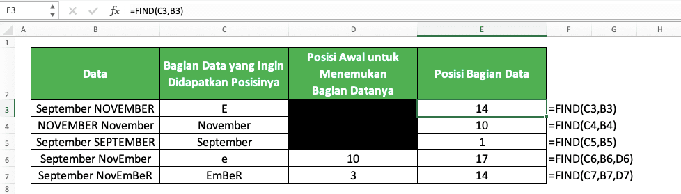 Cara Menggunakan Rumus SEARCH di Excel: Fungsi, Contoh, dan Langkah Penulisan - Screenshot Contoh Implementasi FIND pada Data dengan Perbedaan Huruf Besar dan Kecil