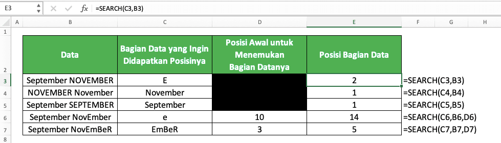 Cara Menggunakan Rumus SEARCH di Excel: Fungsi, Contoh, dan Langkah Penulisan - Screenshot Contoh Implementasi SEARCH pada Data dengan Perbedaan Huruf Besar dan Kecil