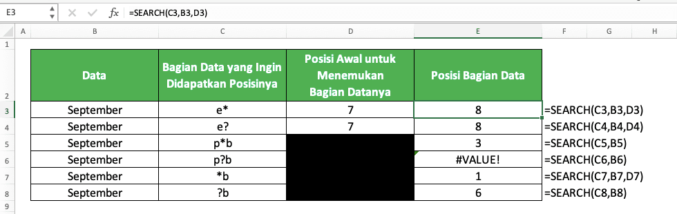 Cara Menggunakan Rumus SEARCH di Excel: Fungsi, Contoh, dan Langkah Penulisan - Screenshot Contoh Implementasi SEARCH dengan Karakter Wildcard