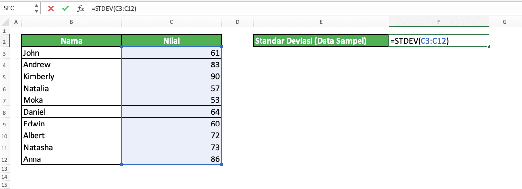 Cara Menggunakan Rumus STDEV Excel: Fungsi, Contoh, dan Langkah Penulisan - Screenshot Langkah 4