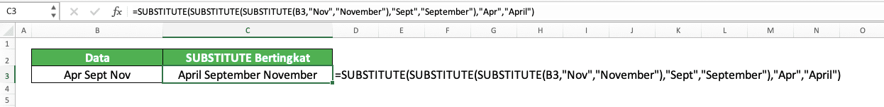 Cara Menggunakan Rumus SUBSTITUTE Excel: Fungsi, Contoh, dan Langkah Penulisan - Screenshot Contoh Implementasi SUBSTITUTE Bertingkat