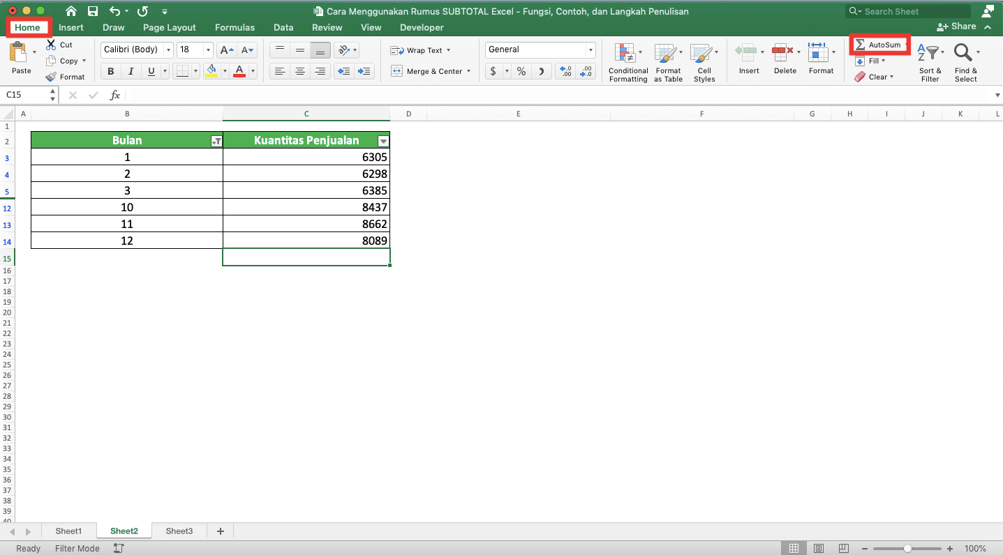 Cara Menggunakan Rumus SUBTOTAL Excel: Fungsi, Contoh, dan Langkah Penulisan - Screenshot Lokasi Tombol AutoSum di Tab Home
