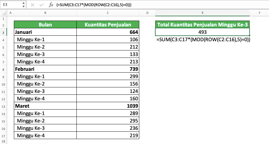 Rumus SUM Excel: Fungsi, Contoh, dan Cara Menggunakannya - Screenshot Contoh Implementasi Kombinasi SUM dengan MOD serta ROW