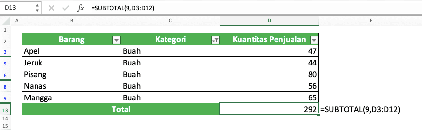 Rumus SUM Excel: Fungsi, Contoh, dan Cara Menggunakannya - Screenshot Contoh Implementasi SUBTOTAL dengan Kode SUM
