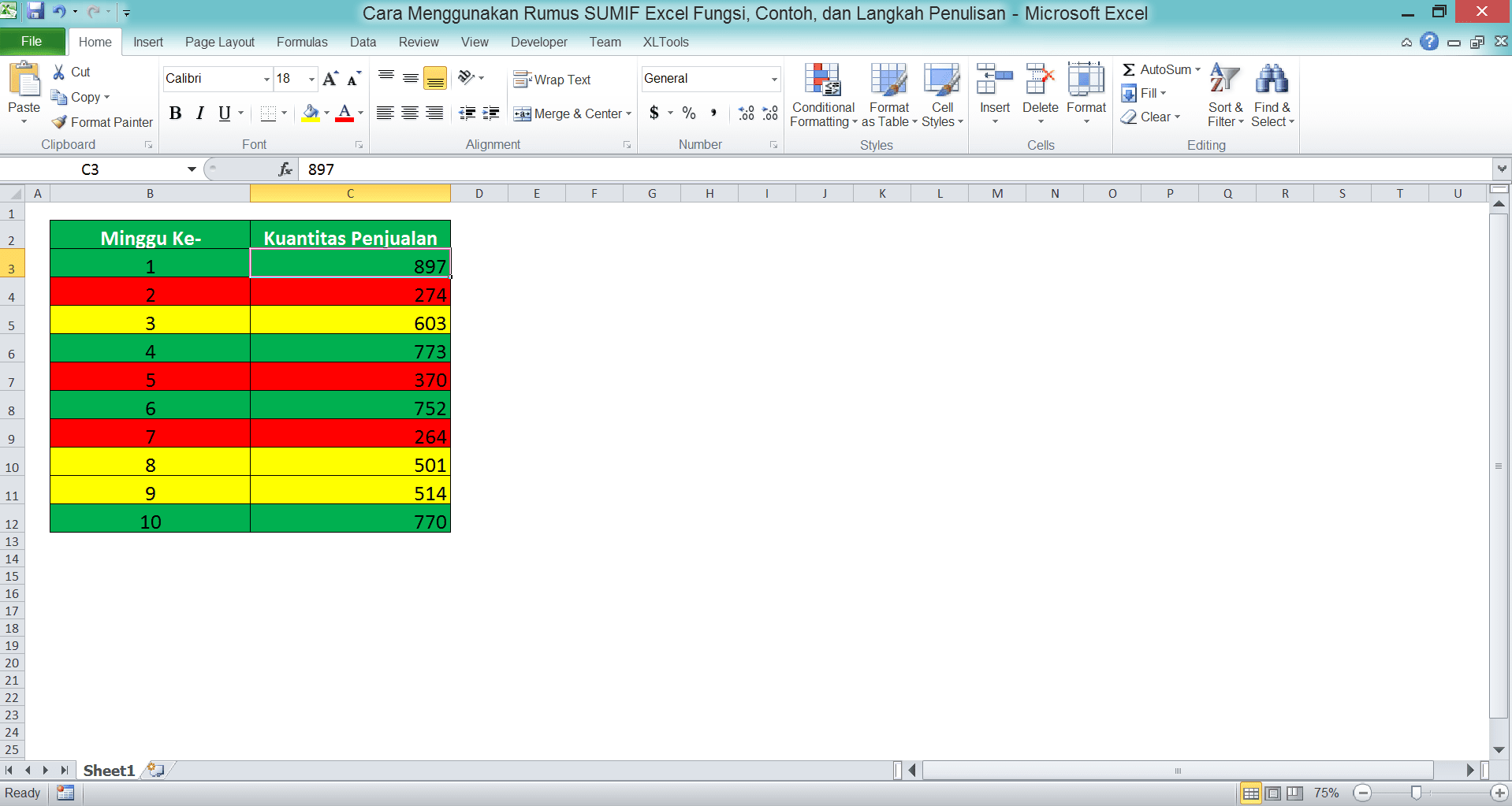 Cara Menggunakan Rumus SUMIF Excel: Fungsi, Contoh, dan Langkah Penulisan - Screenshot Tabel Data untuk Contoh Implementasi Menjumlahkan Berdasarkan Warna Menggunakan XLTools di Excel