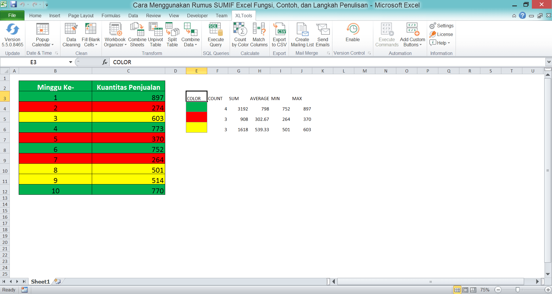Cara Menggunakan Rumus SUMIF Excel: Fungsi, Contoh, dan Langkah Penulisan - Screenshot Contoh Hasil Menjumlahkan Berdasarkan Warna Menggunakan XLTools di Excel