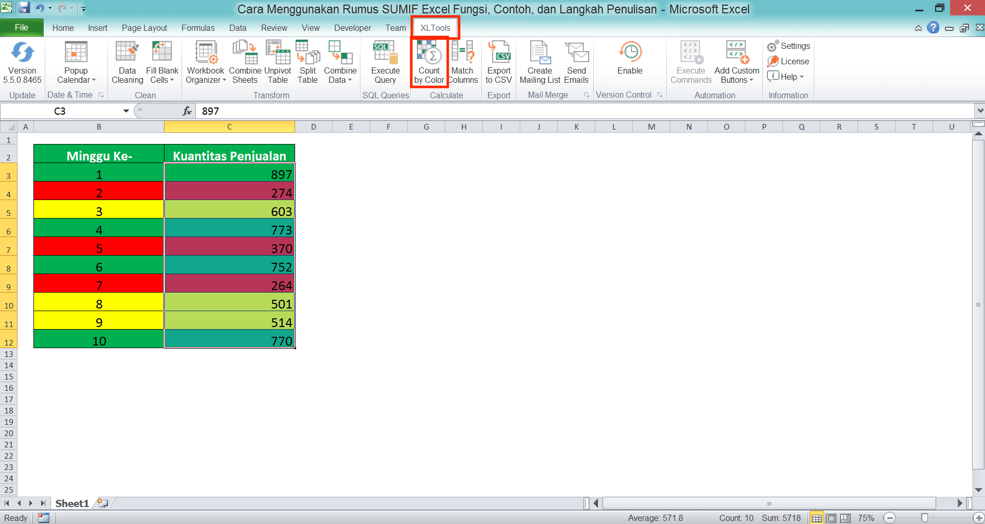 Cara Menggunakan Rumus SUMIF Excel: Fungsi, Contoh, dan Langkah Penulisan - Screenshot Lokasi tab XLTools dan Tombol Count by Color di Excel