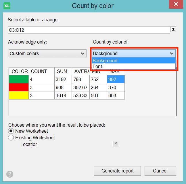 Cara Menggunakan Rumus SUMIF Excel: Fungsi, Contoh, dan Langkah Penulisan - Screenshot Dropdown 2 di Dialog Box Count by Color XLTools