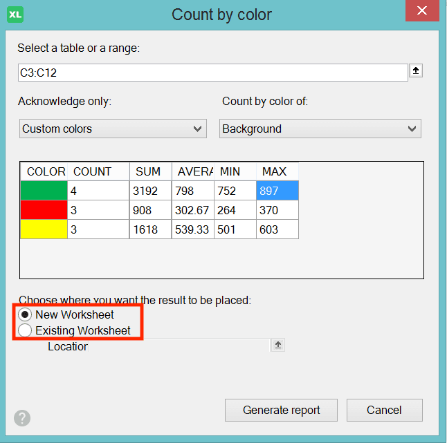 Cara Menggunakan Rumus SUMIF Excel: Fungsi, Contoh, dan Langkah Penulisan - Screenshot Pemilihan Penaruhan Lokasi Hasil di Dialog Box Count by Color XLTools