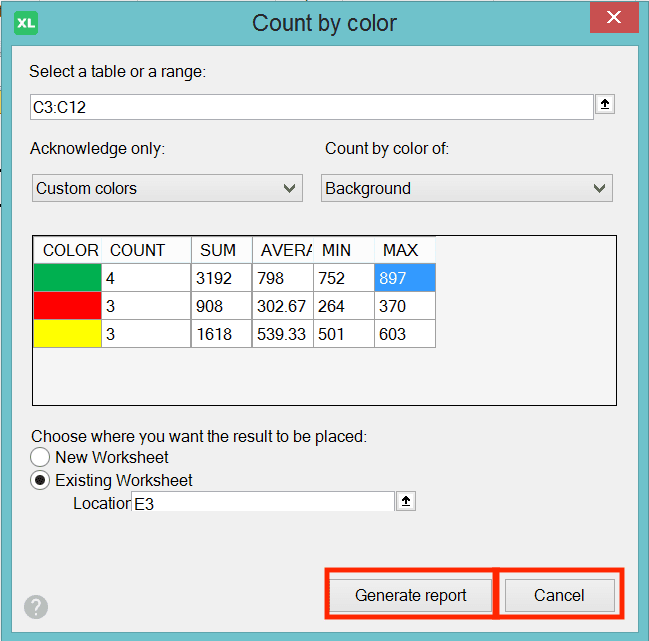 Cara Menggunakan Rumus SUMIF Excel: Fungsi, Contoh, dan Langkah Penulisan - Screenshot Tombol Generate Report dan Cancel di Dialog Box Count by Color XLTools