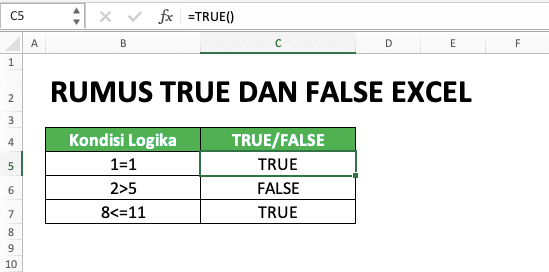 Cara Menggunakan Rumus TRUE dan FALSE Excel: Fungsi, Contoh, dan Penulisan - Screenshot Contoh Penggunaan dan Hasil Rumus TRUE di Excel