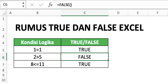 Cara Menggunakan Rumus TRUE dan FALSE Excel: Fungsi, Contoh, dan Penulisan - Screenshot Contoh Penggunaan dan Hasil Rumus FALSE di Excel