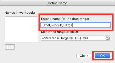 Panduan Penggunaan Rumus VLOOKUP Beda Sheet - Screenshot Dialog Box Menu Define Name Excel