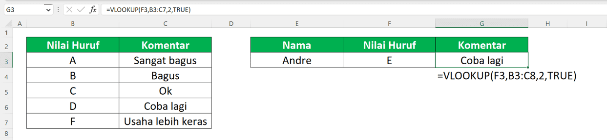 VLOOKUP dengan Input TRUE: Cara Menggunakannya - Screenshot Contoh Implementasi VLOOKUP dengan Input TRUE untuk Referensi dan Kolom Pertama Berisi Teks