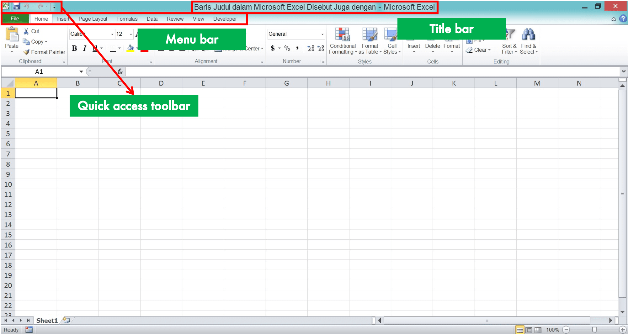Baris Judul dalam Microsoft Excel Disebut Juga dengan … - Screenshot untuk Menunjukkan yang Mana yang Disebut dengan Title bar, Menu bar, dan Toolbar di excel