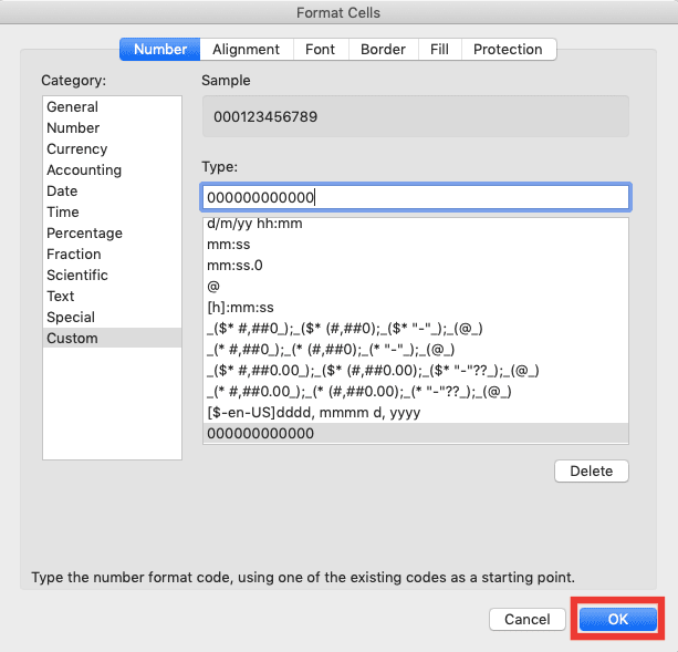 Cara Menulis Angka 0 di Awal di Excel Agar Tidak Hilang - Screenshot Lokasi Tombol OK di Dialog Box Format Cell