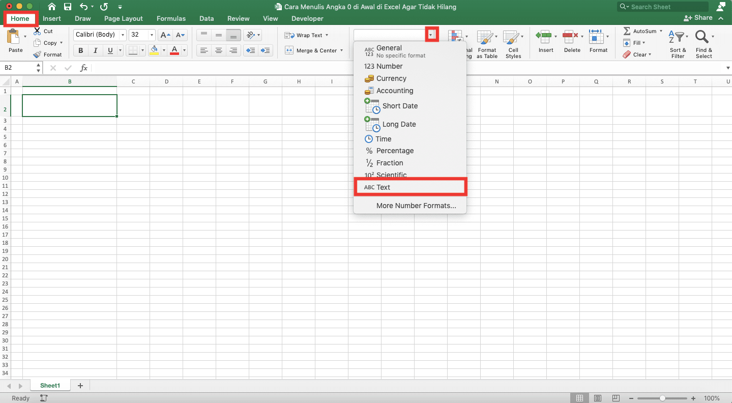 Cara Menulis Angka 0 di Awal di Excel Agar Tidak Hilang - Screenshot Lokasi Tab Home, Tombol Dropdown Format Cell, dan Pilihan Text di Daftar Dropdownnya