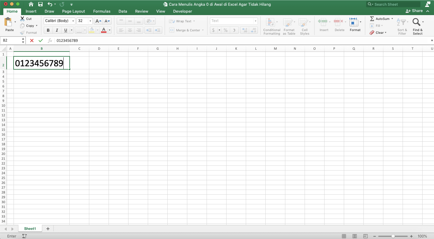 Cara Menulis Angka 0 di Awal di Excel Agar Tidak Hilang - Screenshot Contoh Penulisan Angka dengan 0 di Depannya di Cell Berformat Data Teks