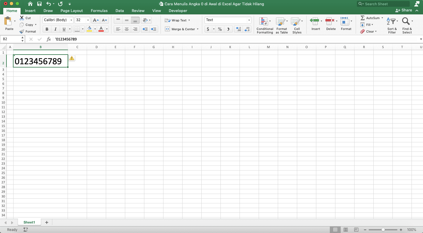 Cara Menulis Angka 0 di Awal di Excel Agar Tidak Hilang - Screenshot Contoh Hasil Penulisan Angka dengan 0 di Depannya di Cell Berformat Data Teks