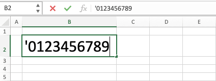 Cara Menulis Angka 0 di Awal di Excel Agar Tidak Hilang - Screenshot Contoh Penulisan Tanda Kutip Sebelum Angka dengan 0 di Depannya