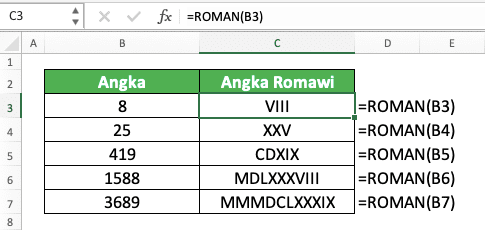 Tabel Daftar Angka Romawi 1-2000 dan Cara Menulis Angka Romawi - Screenshot Contoh Implementasi Rumus ROMAN