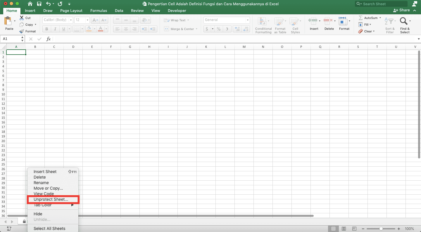 Pengertian Cell Adalah; Definisi, Fungsi, dan Cara Menggunakannya di Excel - Screenshot Lokasi Pilihan Unprotect Sheet... di Menu Klik Kanan Sheet Excel