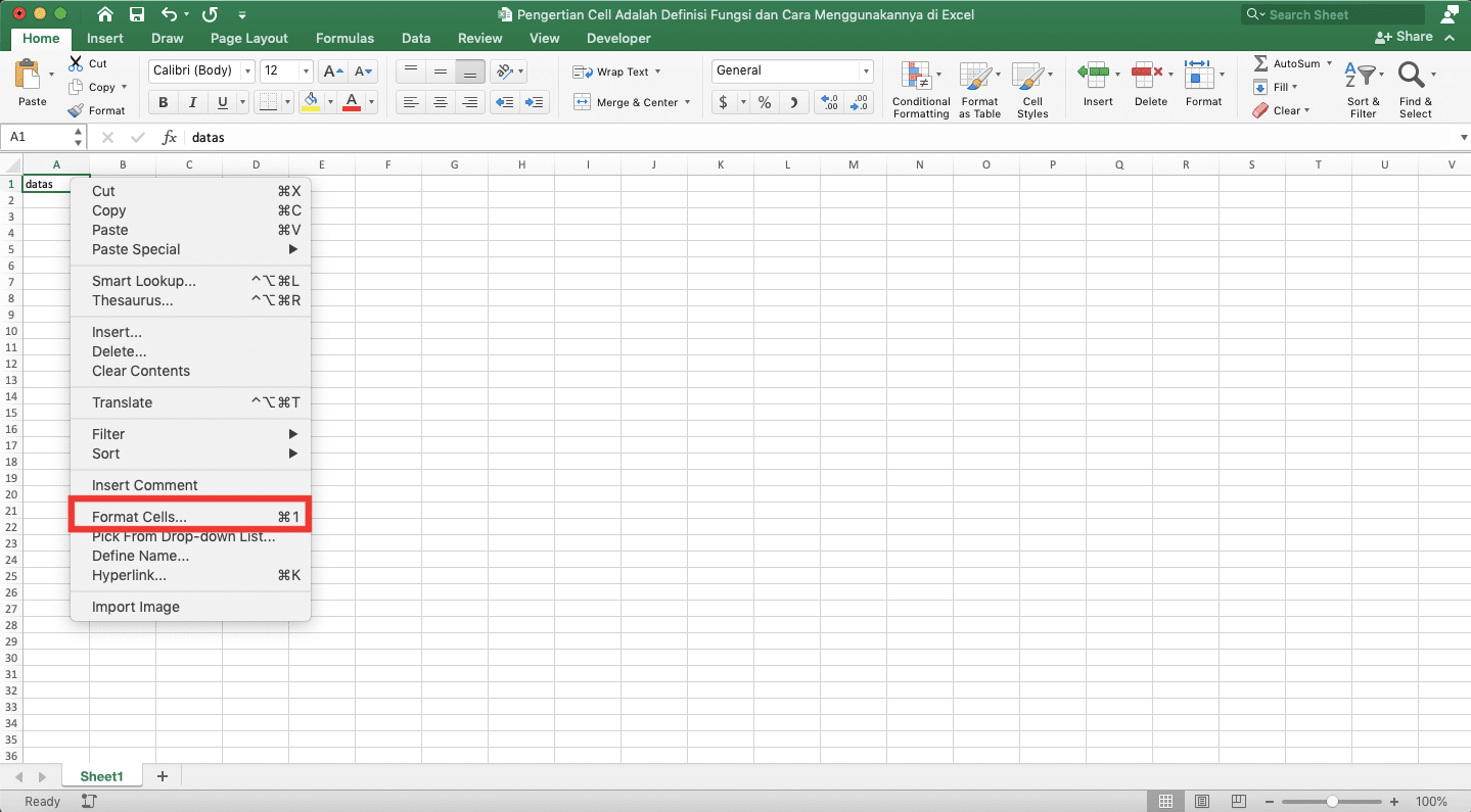 Pengertian Cell Adalah; Definisi, Fungsi, dan Cara Menggunakannya di Excel - Screenshot Lokasi Pilihan Format Cells... di Menu Klik Kanan Excel