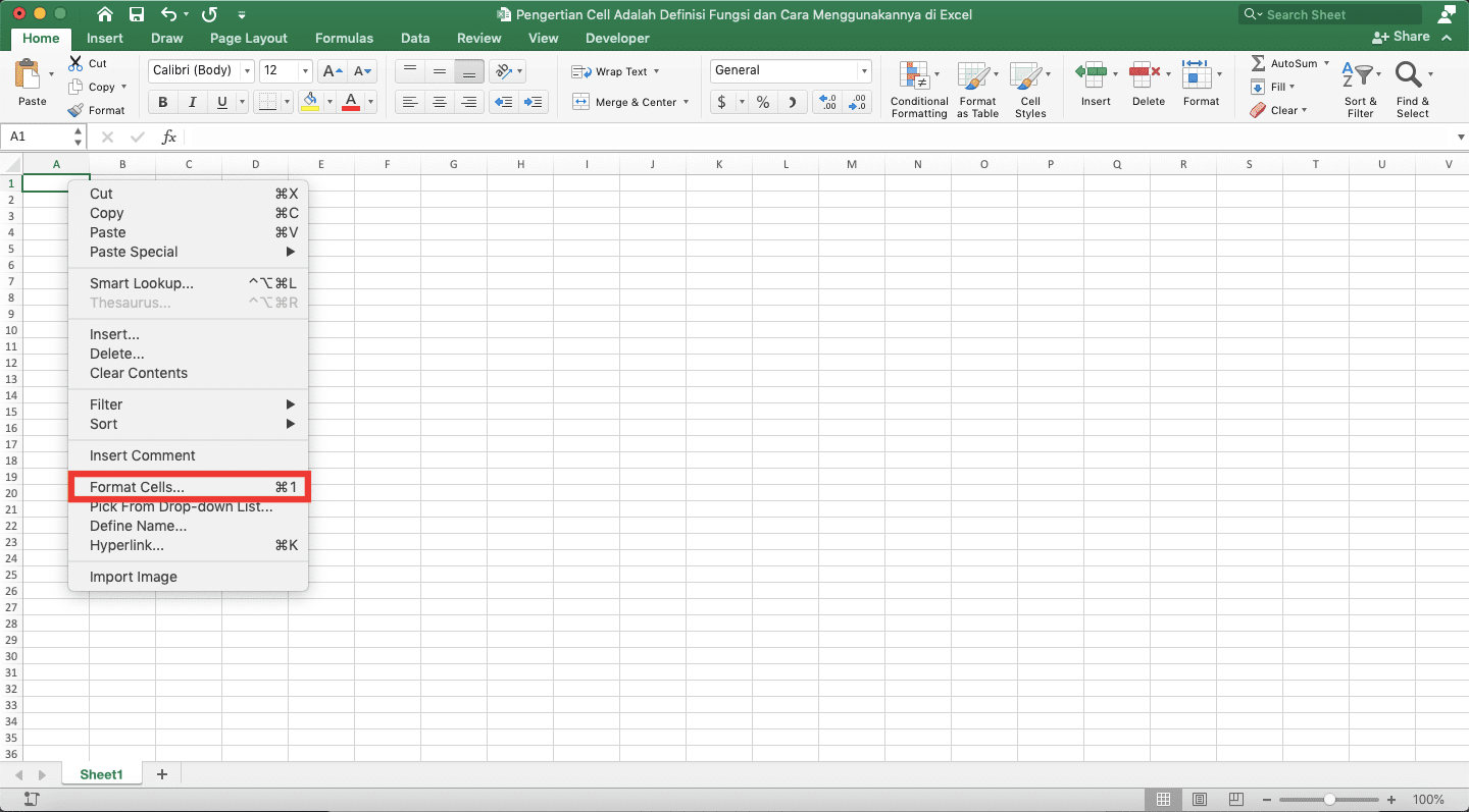 Pengertian Cell Adalah; Definisi, Fungsi, dan Cara Menggunakannya di Excel - Screenshot Lokasi Format Cells... di Menu Klik Kanan Cell Excel