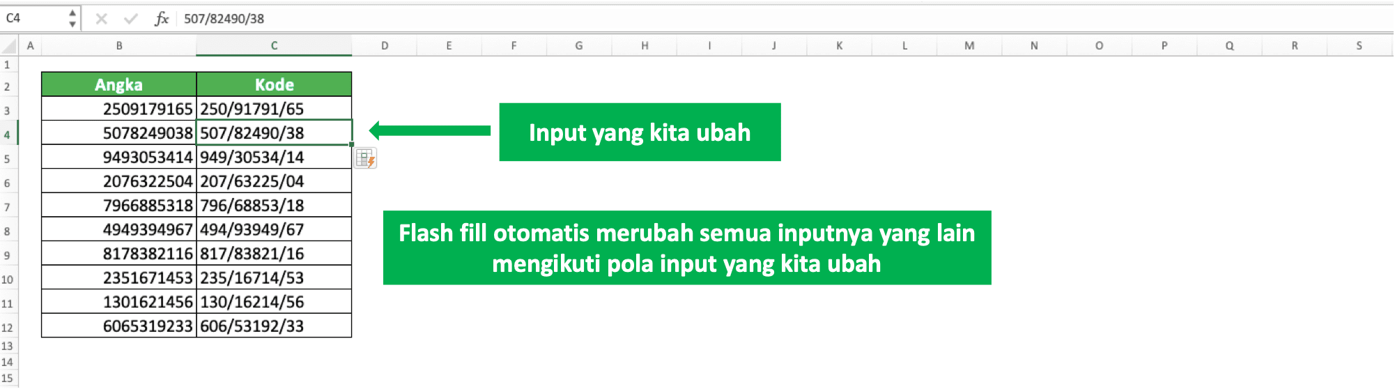 Cara Menggunakan dan Kegunaan/Fungsi Ctrl + E Pada Excel - Screenshot Contoh Hasil Setelah Salah Satu Input Flash Fill Diperbaiki