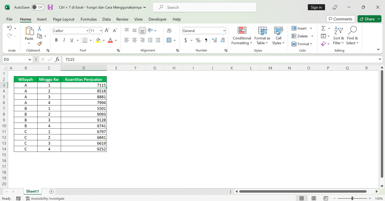 Ctrl + T di Excel: Fungsi dan Cara Menggunakannya - Screenshot Contoh Penaruhan Kursor Cell di Cell yang Tabel Datanya akan Dijadikan Tabel Excel dengan Ctrl + T
