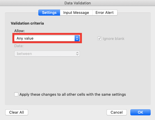 Data Validation di Excel: Fungsi dan Cara Menggunakannya - Screenshot Pemilihan Any Value di Dialog Box Data Validation