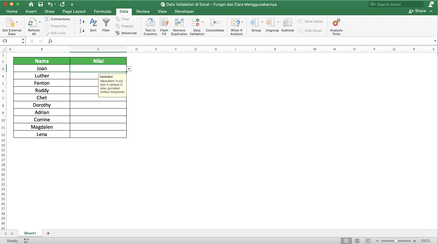 Data Validation di Excel: Fungsi dan Cara Menggunakannya - Screenshot Pesan Input Message di Cell Nilai