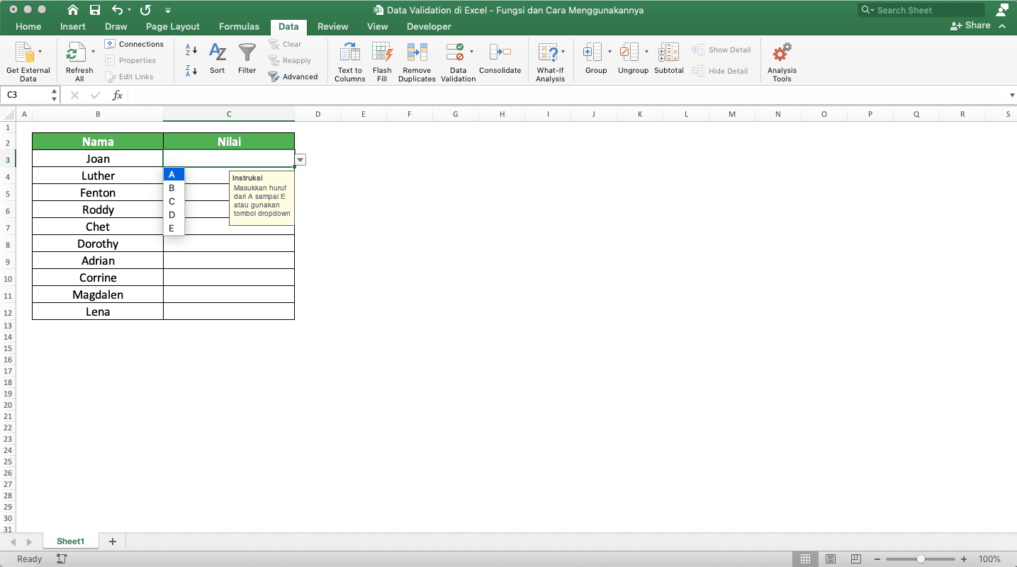 Data Validation di Excel: Fungsi dan Cara Menggunakannya - Screenshot Hasil Klik Tombol Dropdown di Cell Nilai